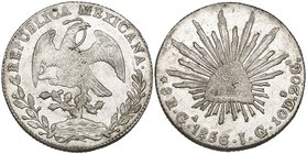 Republic, 8 reales, Guadalajara mint, 1856/4 JG (DP-Ga38a), typical weakness of striking, extremely fine or better. Ex Guzman collection.

Estimate:...