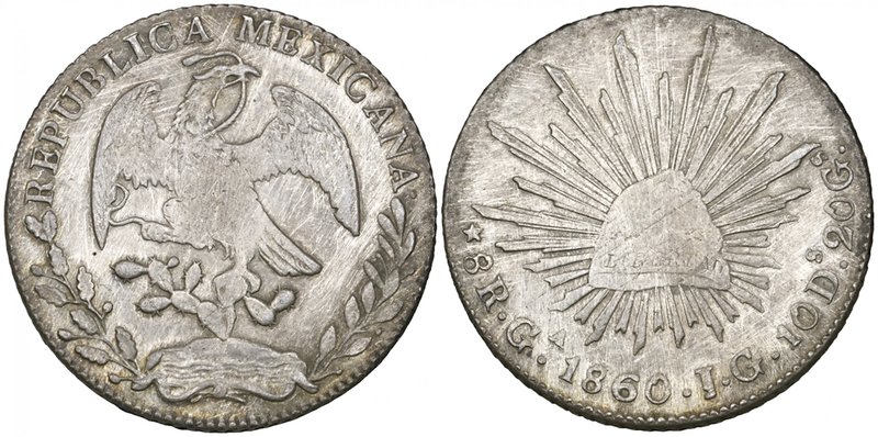 Republic, 8 reales, Guadalajara mint, 1860 JG, normal issue, without pellet in l...