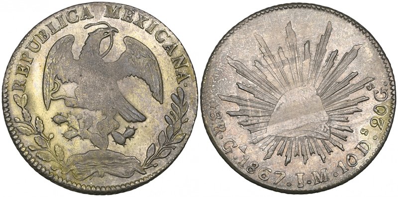 Republic, 8 reales, Guadalajara mint, 1867 JM (DP-Ga47), very weakly struck as u...