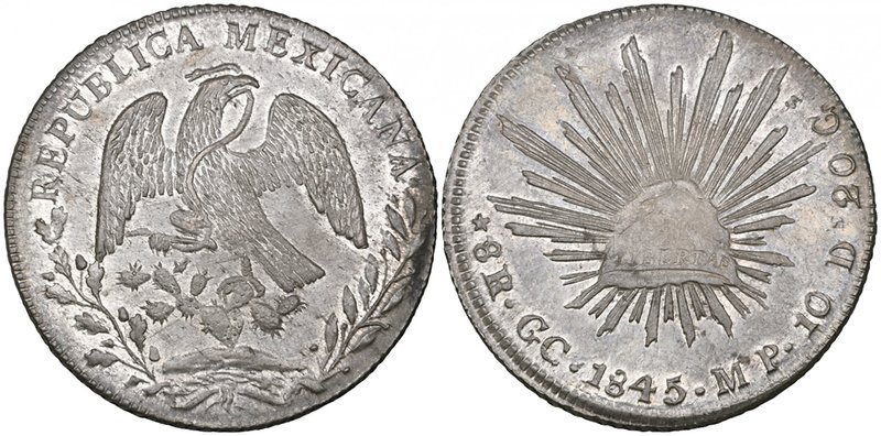 Republic, 8 reales, Guadalupe y Calvo mint, 1845 MP, first die style of 1845-46,...