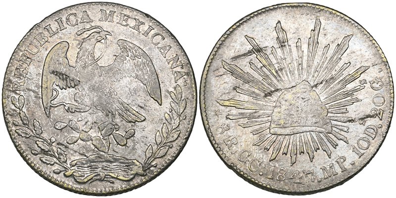 Republic, 8 reales, Guadalupe y Calvo mint, 1847 MP (DP-GC04), flan flecks and s...