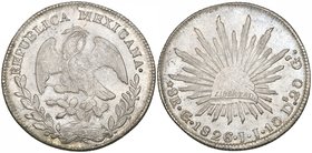 Republic, 8 reales, Guanajuato mint, 1826 JJ, small, straight J’s, die style of 1826-28 (DP-Go04b), centre slightly weak, about uncirculated

Estima...