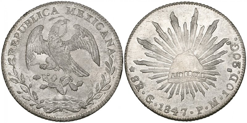Republic, 8 reales, Guanajuato mint (2), 1847 PM wide date (DP-Go30), mint state...
