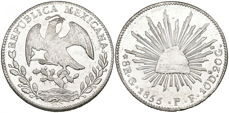 Republic, 8 reales, Guanajuato mint, 1855 PF, small letters in legend (DP-Go39),...