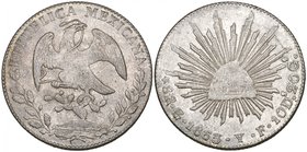 Republic, 8 reales, Guanajuato mint, 1863/54 YF (cf DP-Go48, 3 over 4 not listed; KM 377.8), softly struck on eagle as usual for the date, good extrem...