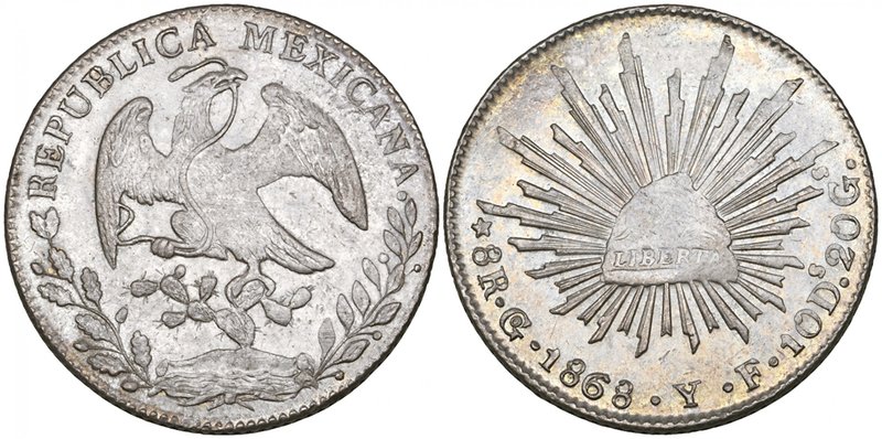 Republic, 8 reales, Guanajuato mint, 1868 YF, 6 of date over 5 (DP-Go50a), sligh...