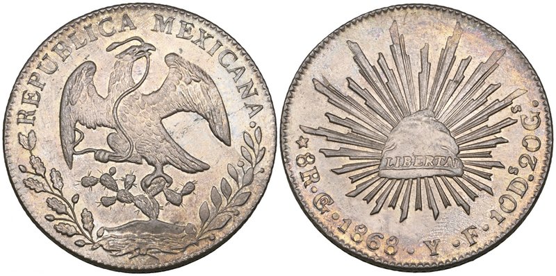 Republic, 8 reales, Guanajuato mint, 1868 YF, normal date (DP-Go50b), choice min...