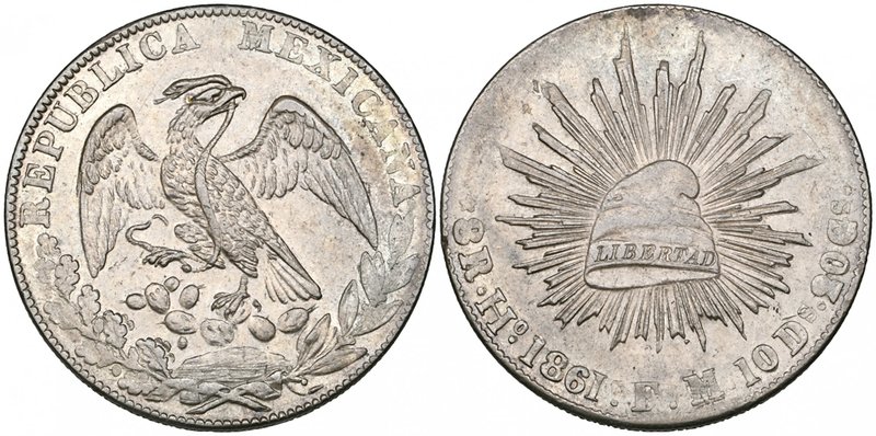 Republic, 8 reales, Hermosillo mint, 1861 FM, Sonora cap and eagle, first type w...