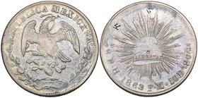 Republic, 8 reales, Hermosillo mint, 1863 FM, Sonora cap and Mexican eagle, normal 10Ds (DP-Ho03a), with four or five chopmarks (unusual for the issue...