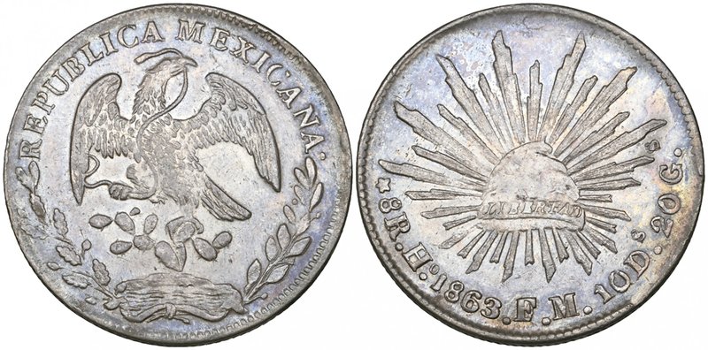 Republic, 8 reales, Hermosillo mint, 1863 FM, Mexican cap and eagle (DP-Ho03c), ...