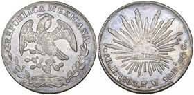 Republic, 8 reales, Hermosillo mint, 1863 FM, Mexican cap and eagle (DP-Ho03c), about extremely fine and toned. Ex Superior auction, June 1982, lot 18...