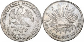 Republic, 8 reales, Hermosillo mint, 1864 PR, normal assayer with narrow H (DP-Ho05b), light graffito ‘Aug 18’ (?) in field above rays, otherwise virt...