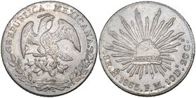 Republic, 8 reales, Hermosillo mint, 1865 FM, stop between F.M. (DP-Ho06), virtually as struck, with usual die flaws in an early state, lightly toned,...