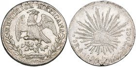 Republic, 8 reales, Mexico City mint, 1824 JM, 26.95g (DP-Mo03), on a flan with considerable metla faults and with die flaw resembling q ruff at the e...