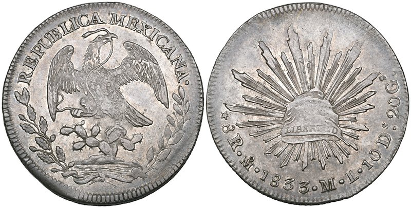 Republic, 8 reales, Mexico City mint, 1833 ML (DP-Mo13), on a large flan, extrem...