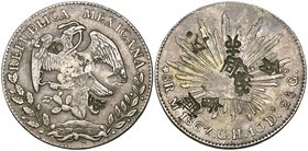 Republic, 8 reales, Mexico City mint, 1867 CH/TH (DP-Mo53a), with heavy Japanese chopmarks, very fine, a scarce overassayer’s mark

Estimate: GBP 40...