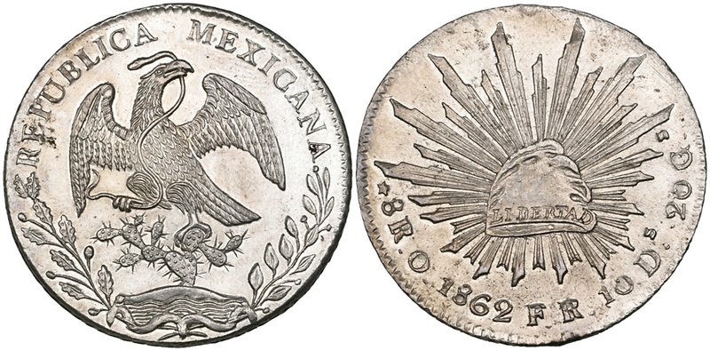 Republic, 8 reales, Oaxaca mint, mintmark O, 1862 FR, normal date (DP-Oa07b), mi...