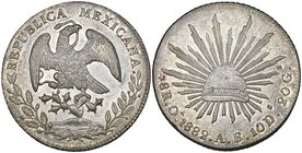 Republic, 8 reales, Oaxaca mint, 1882 AE (DP-Oa27), mint state, well toned. Offered in a NGC holder graded MS 63+. Offered in a NGC holder graded MS 6...