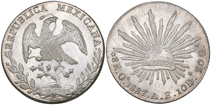 Republic, 8 reales, Oaxaca mint, 1887/6 AE (DP-Oa32a), with adjustment marks, ot...