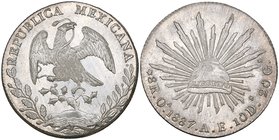 Republic, 8 reales, Oaxaca mint, 1887/6 AE (DP-Oa32a), with adjustment marks, otherwise choice mint state, lightly toned

Estimate: GBP 100 - 200