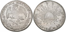Republic, 8 reales, San Luis Potosí mint, 1849 AM, from misaligned dies in (approximately) medal axis (DP-Pi26a), softly struck on a porous flan showi...