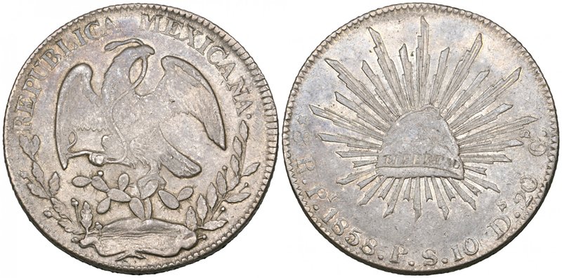 Republic, 8 reales, San Luis Potosí mint, 1858 PS, die style of 1857-58 (DP-Pi38...