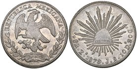 Republic, 8 reales, Zacatecas mint (3), 1879 JS, normal date (DP-Zs64b), unusually well struck for issue, extremely fine, 1885 JS, neatly countermarke...