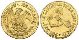 Republic, half-escudo, Culiacán mint, 1867 CE, Sonora eagle, a couple of surface scuffs, good extremely fine

Estimate: GBP 200 - 250