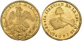 Republic, 4 escudos, Guanajuato mint, 1840 PJ, 13.48g, old file test-mark on edge and mintmark from a faulty punch, otherwise brilliant mint state. Of...