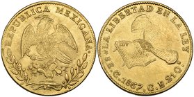 Republic, 8 escudos, Culiacán mint, 1867 CE/CB, rather softly struck on a flecked flan, about uncirculated

Estimate: GBP 1200 - 1500