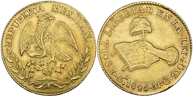 Republic, 8 escudos, Guadalajara mint, 1845 MC, minor edge bruise at 1 o’clock o...