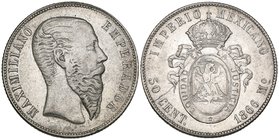 Empire of Maximilian, 50 centavos (2), both Mexico City mint, 1866, one with die flaws on reverse, good very fine, the other extremely fine (2)

Est...