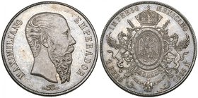 Empire of Maximilian, pattern 1 peso, Mexico City mint, 1866, with small-sized lettering on obverse, choice mint state, with prooflike surfaces and ri...