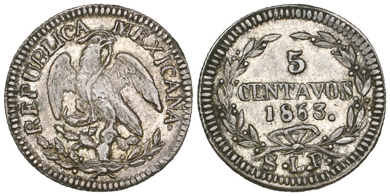 Decimal Coinage, 5 centavos, San Luis Potosí mint, first type, 1863, rev., value...