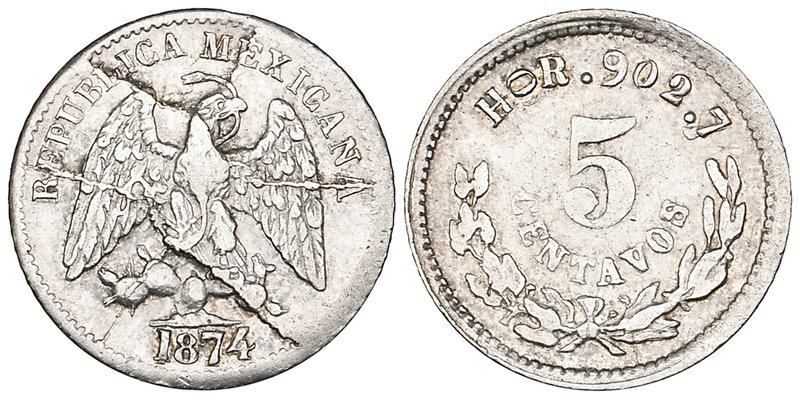 Decimal Coinage, 5 centavos, Hermosillo mint, 1874 R, horizontal 0 in mintmark, ...