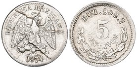 Decimal Coinage, 5 centavos, Hermosillo mint, 1874 R, horizontal 0 in mintmark, 1.33g, struck from a critically-damaged obverse die showing extreme fl...