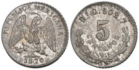 Decimal Coinage, 5 centavos, San Luis Potosí mint, 1870 G/C, mintmark Pi over Mo, 1.36g (KM 398.9), tiny rim nick, virtually mint state, toned

Esti...