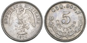 Decimal Coinage, 5 centavos (4), restyled type, all Culiacán mint, 1901 Q, 1902/1 Q, wide C, light serifs, 1903 Q, 1903 V, extremely fine to mint stat...
