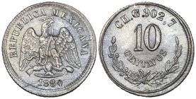 Decimal Coinage, 10 centavos, Chihuahua mint, 1880 G (2), both G over small g, one on large 18.5 mm flan, 2.73 g, mint state, the other on 17.5mm flan...