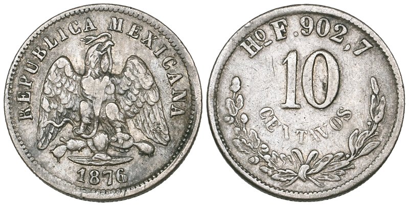 Decimal Coinage, 10 centavos, Hermosillo mint, 1876 F, 2.69g, good fine, rare
...