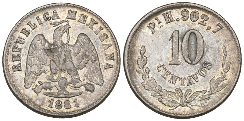 Decimal Coinage, 10 centavos, San Luis Potosí mint, 1881 H, 2.65g, small metal f...