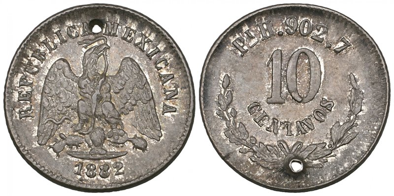 Decimal Coinage, 10 centavos, San Luis Potosí mint, 1882 H, 2.76g, punch-pierced...