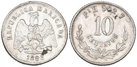 Decimal Coinage, 10 centavos, San Luis Potosí mint, 1883 H, 2.69g, metal flaw running through the coin apparently caused by extraneous material in sil...