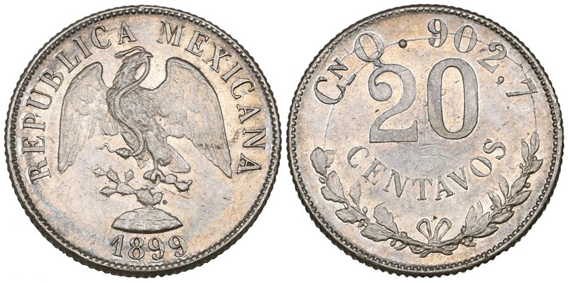 Decimal Coinage, 20 centavos, Culiacán mint, 1899 Q, tiny rim nick, extremely fi...