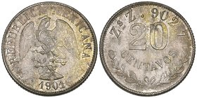 Decimal Coinage, 20 centavos (3), all Zacatecas mint, 1901 Z, 1903 Z, both extremely fine, 1904 Z, choice mint state and well toned (3)

Estimate: G...
