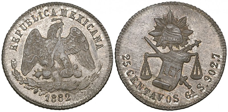 Decimal Coinage, 25 centavos, Guadalajara mint, 1882 S, light adjustment marks, ...