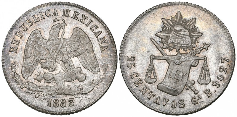 Decimal Coinage, 25 centavos, Guadalajara mint, 1883/2 B/S, virtually mint state...