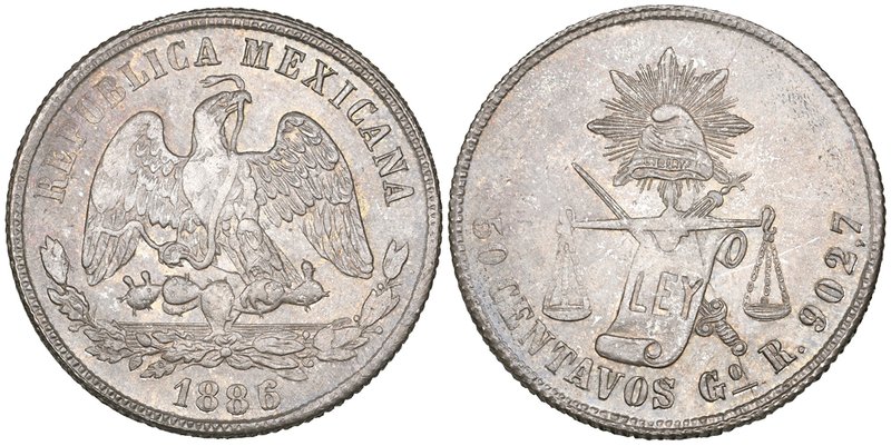 Decimal Coinage, 50 centavos, Guanajuato mint, 1886/5 R/S, softly struck at cent...