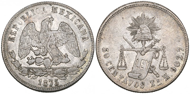 Decimal Coinage, 50 centavos (5), all Zacatecas mint, 1873 H, 1877 S, 1878 S, 18...