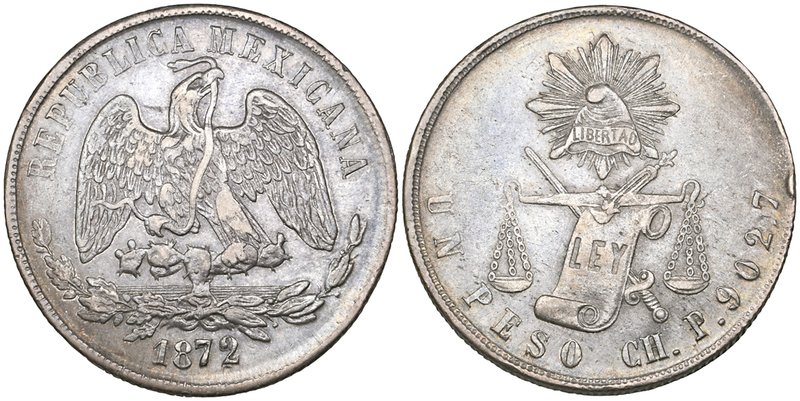Decimal Coinage, 1 peso, Chihuahua mint, 1872 P, 72 of date repunched, minor rim...
